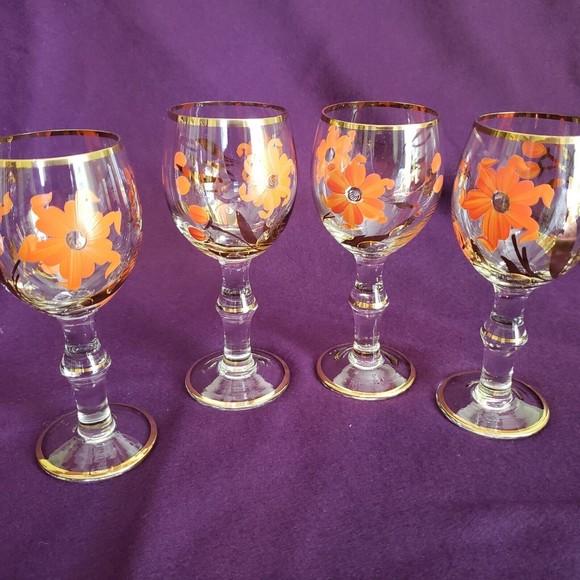 Unmarked Dining 4 Vintage Mid Century Hand Painted Cordial Glasses